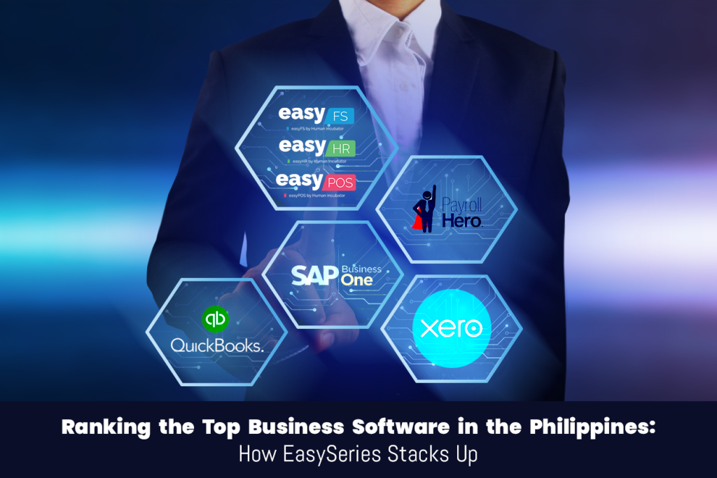 Illustration of Philippine businesses using digital software tools for accounting, payroll, and retail operations.